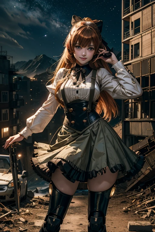 cowboy shot, (dynamic pose), smile,  underbust, Penny Polendina, long hair, neck ribbon, suspender skirt, corset, black bow, white blouse, mechanical legs, neon trim, standing, ((people in city ruins on hill, overlooking valley)), BREAK night, stars, moon, snow, BREAK mountains in background, waterfall, vehicle wreck, ((people in military uniform)), bonfires, post-apocalypse, dystopian future, (volumetric lighting), intricate details, tonemapping, sharp focus, hyper detailed

