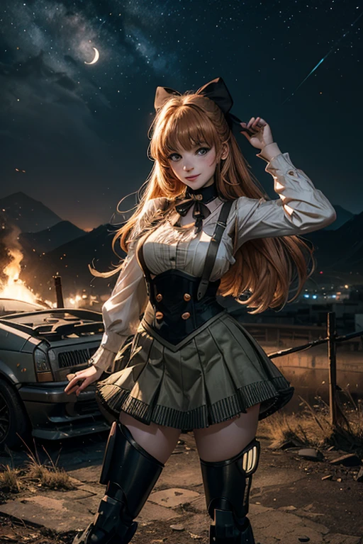 cowboy shot, (dynamic pose), smile, underbust, Penny Polendina, long hair, neck ribbon, suspender skirt, corset, black bow, white blouse, mechanical legs, neon trim, standing, ((people in city ruins on hill, overlooking valley)), BREAK night, stars, moon, snow, BREAK mountains in background, waterfall, vehicle wreck, ((people in military uniform)), bonfires, post-apocalypse, dystopian future, (volumetric lighting), intricate details, tonemapping, sharp focus, hyper detailed