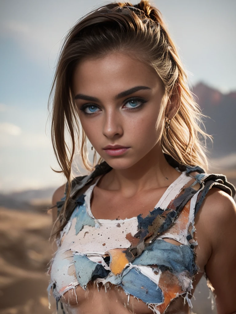 masterpiece, transition to desert landscape at sunset,  figure, Beautiful 15 year old American teenage girl appears in post-apocalyptic nomadic clothing., Very white skin, blonde hair, grey-blue eyes, freckles on the face, slim running body, small breasts, very detailed face, ultra realistic face,  Clean, but tired face, very beautiful face, Post-Apocalyptic Clothing, Layers of torn fabric, unconventional accessories, and aged appearance create an aura of survival and resilience, 16K, Ultra high resolution.Photorealistic, uhd, RAW, SLR camera