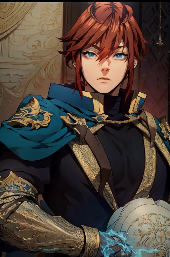 (masterpiece, best quality), intricate details, 1boy, red hair, blue eyes, Arthur, black clothes, pauldrons,
