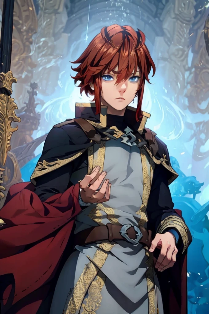 (masterpiece, best quality), intricate details, 1boy, red hair, blue eyes, Arthur, black clothes, pauldrons,