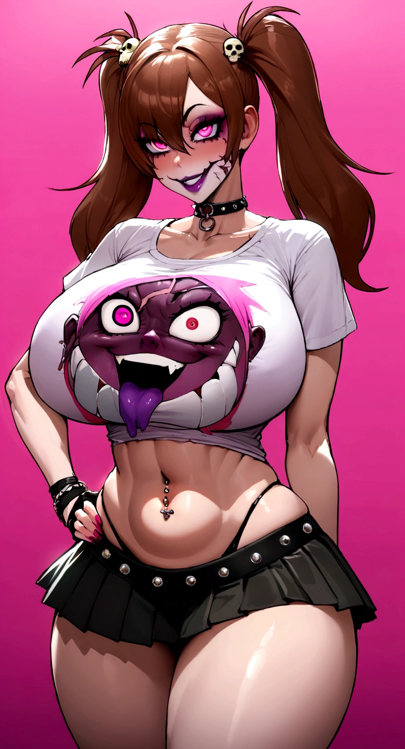 big lips, Brown hair, pink eyes, japanese face, improve, improve grin, two sides up, huge breasts, Wide hips, sexy, detailed, pink room, Hits, (evil smile1.4), kawaii, pleated skirt, punk, GOOD, zombie costume, zombie shirt, zombie choker, zombie skirt, dezombie shirt,navel piercing