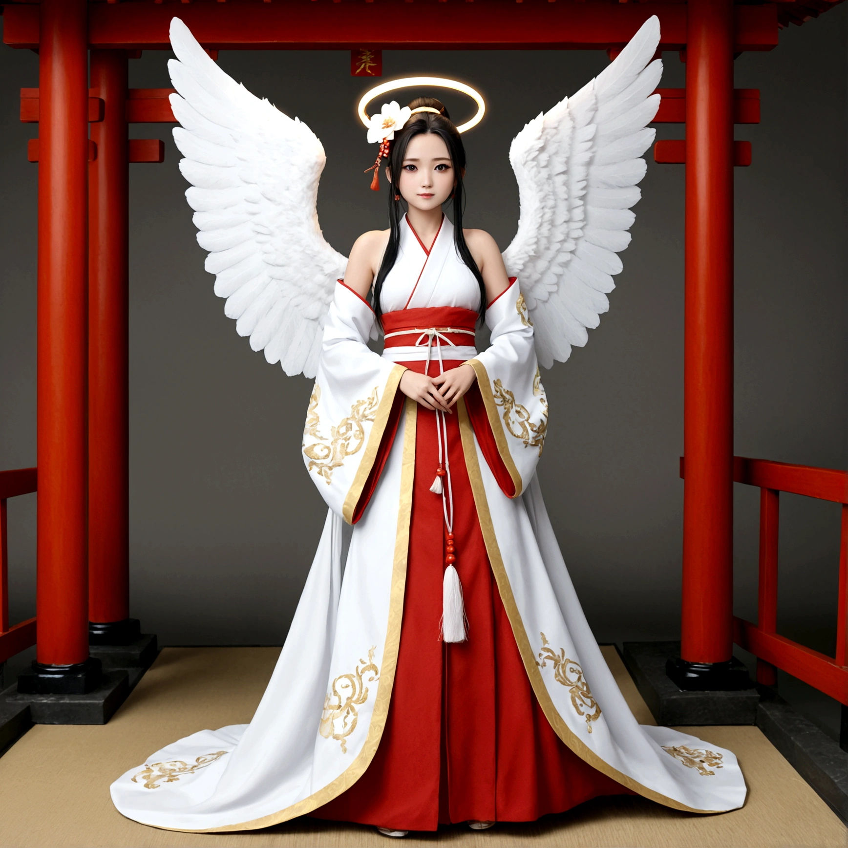 Angel girl, big white wings, halo, shrine maiden outfit, white ponytail hair, full body.