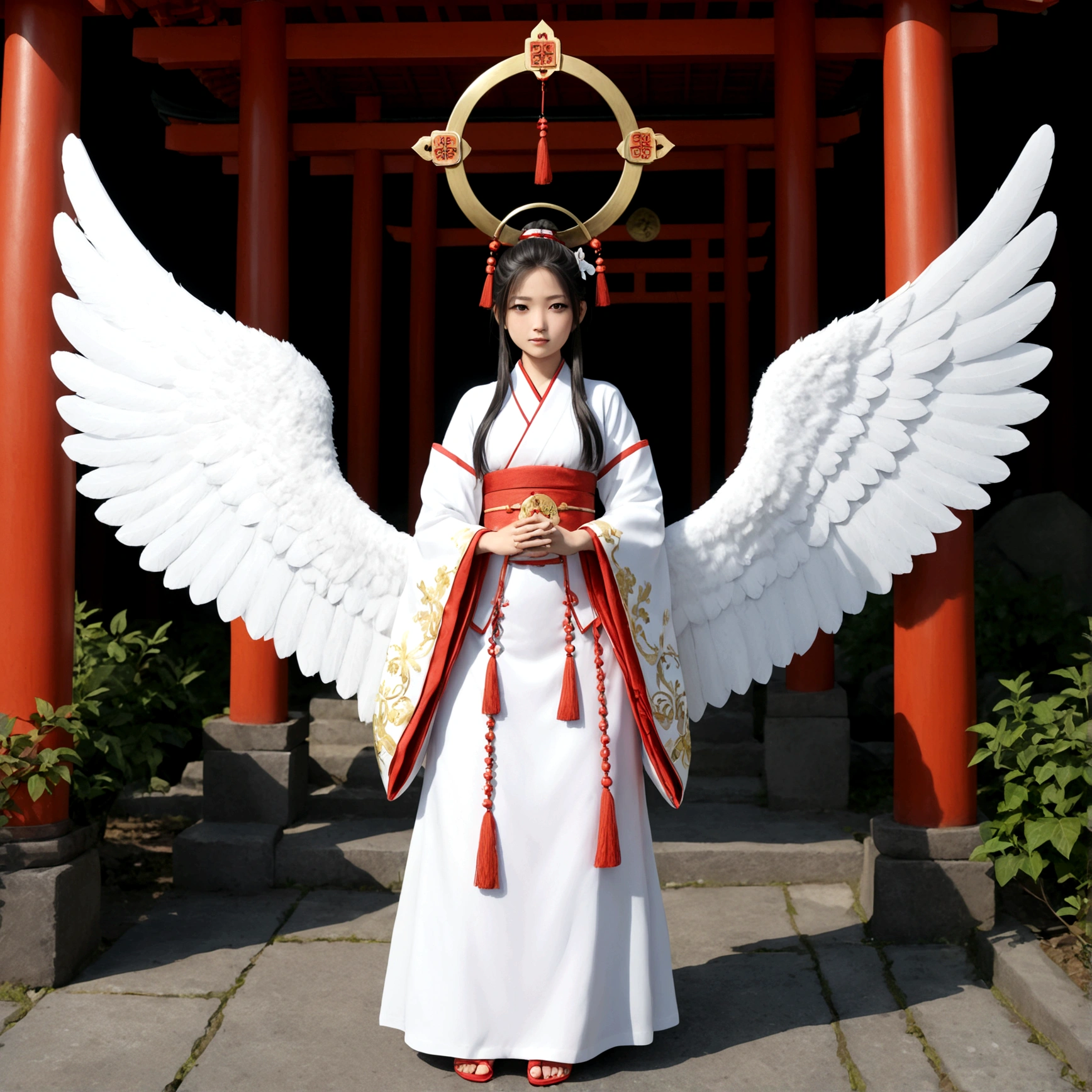 Angel girl, big white wings, halo, shrine maiden outfit, white ponytail hair, full body.