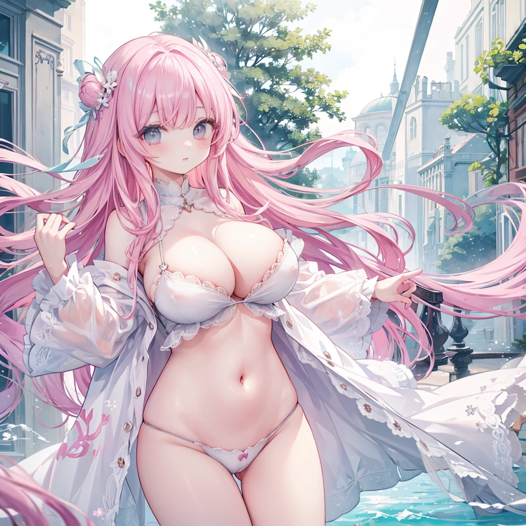Highest quality、Masterpiece、Super detailed、Big Tits、Too big breasts、Light pink hair、Fluffy and soft long hair、Aquamarine Eyes、Belly button、Baru's Garden、Wedding dress、bouquet、Lace veil、smile、Starry Sky、Expose