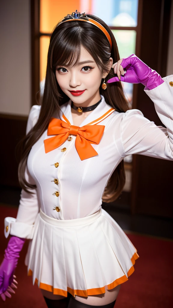 best quality、ultra-detailed、8K、Japanese、Japanese、Seductive beauty、seductive adult woman、Pretty Woman、cool girl、smirk、Wicked Smile、masterpiece、best quality、highres、1girl、独奏、slender、looking at viewer、standing、sv1、1, sailor senshi uniform, Orange skirt, pleated skirt, Miniskirt, orange sailor collar, elbow gloves, black gloves, tiara, hair bow, red bow, choker, orange choker, white leotard, blonde hair, very long hair, jewelry, earrings, (incoming gift, box:1.2), grin, blush, classroom, blonde hair,young, beautiful Japanese actress wearing villainous costume inspired by female demon. costume is glossy bodysuit with pink and purple color scheme. Her headpiece and makeup are uniquely themed around lipstick and cosmetic bottles, with headpiece. Her makeup features villainous-style, with bold lipstick and dramatic eyeshadow. She is smiling enticingly, capturing essence of charismatic but dangerous character, action battle pose. at night, outdoor, town、Brown hair、wavy hair、swept bangs、piercing eyes、skin color pantyhose、night、inside darkroom、hand hold pantyhose、Are standing、shoot from below、Offer、shoot from below、Swear allegiance、I have pledged my allegiance、