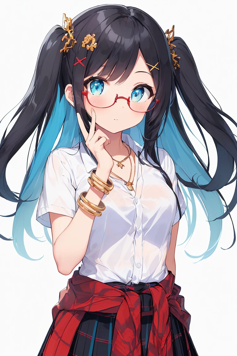 (masterpiece, high detail, high quality model, perfect face, 1 cute girl, 22 year old girl, long black hair, Elemental Magic, dynamic, beautiful eyes, Golden Bracelet ,cleavage 、(school uniforms:1.3), (white solid-color clothes around waist:1.5), (knot on waist:1.3), (white collared-shirt:1.4), (white collar, unbutton, short sleeve:1.2), (red plaid-pattern pleated-skirt:1.3), ((necklace, colorful bracelet, X hair ornament):1.2),, perfect hands and fingers, Decided, guaranteed, , (School Scene),break (, Adjusting the position of her glasses:1.3), (back arms:1.2), (facing the front)