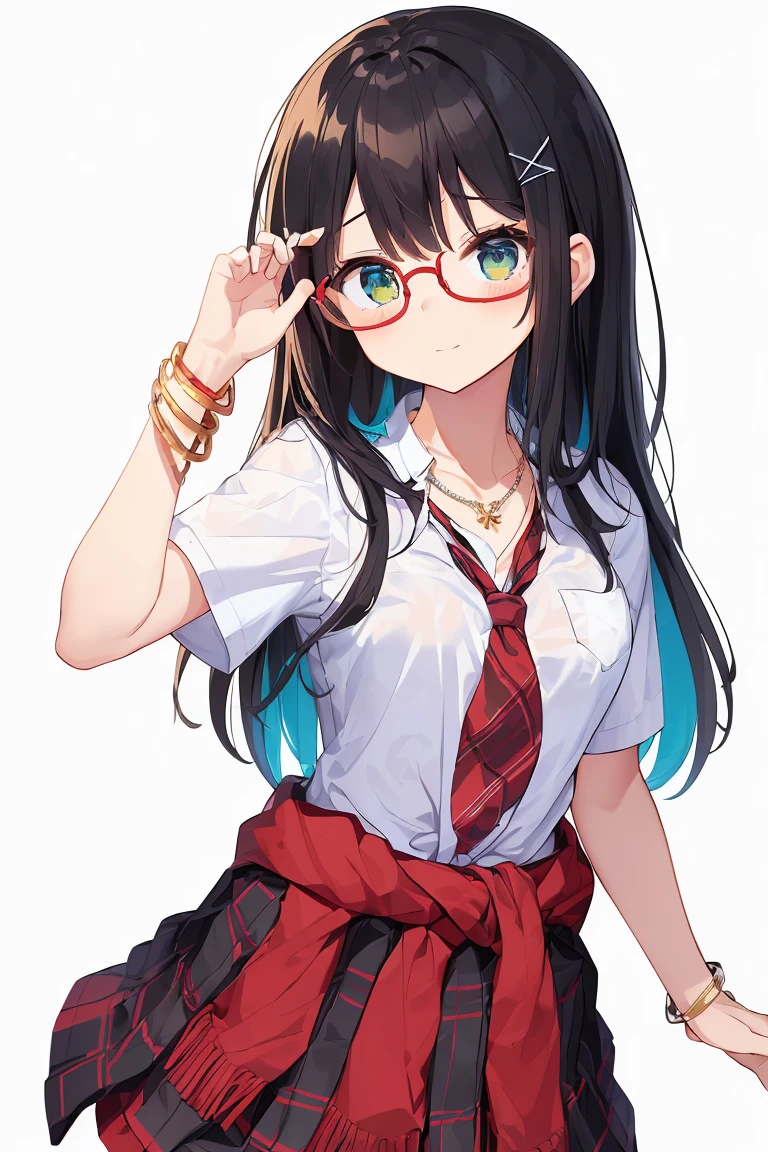 (masterpiece, high detail, high quality model, perfect face, 1 cute girl, 22 year old girl, long black hair, Elemental Magic, dynamic, beautiful eyes, Golden Bracelet ,cleavage 、(school uniforms:1.3), (white solid-color clothes around waist:1.5), (knot on waist:1.3), (white collared-shirt:1.4), (white collar, unbutton, short sleeve:1.2), (red plaid-pattern pleated-skirt:1.3), ((necklace, colorful bracelet, X hair ornament):1.2),, perfect hands and fingers, Decided, guaranteed, , (School Scene),break (, Adjusting the position of her glasses:1.3), (back arms:1.2), (facing the front)