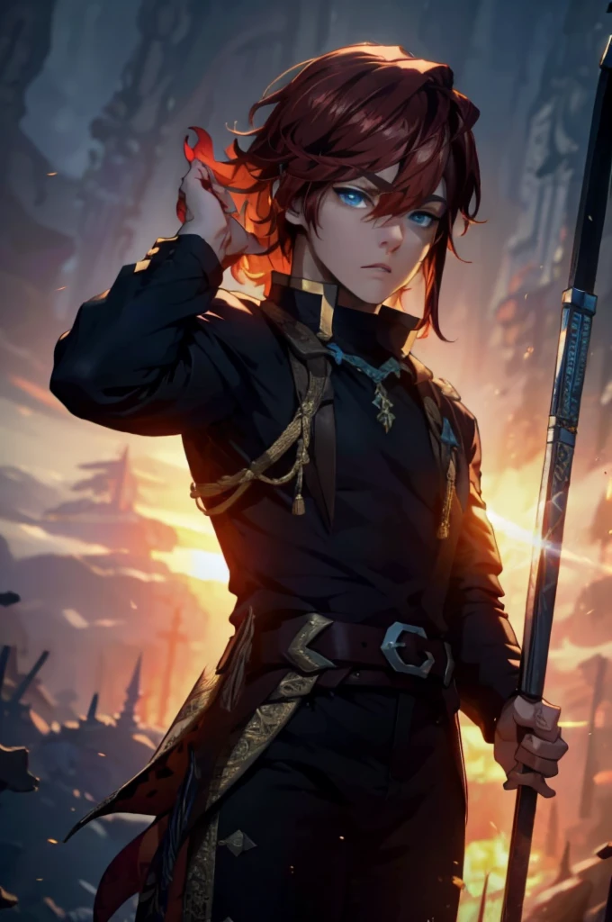 (masterpiece, best quality), intricate details, 1boy, red hair, blue eyes, Arthur, black clothes, pauldrons,