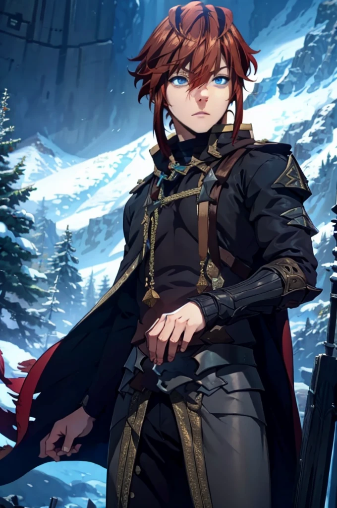 (masterpiece, best quality), intricate details, 1boy, red hair, blue eyes, Arthur, black clothes, pauldrons,