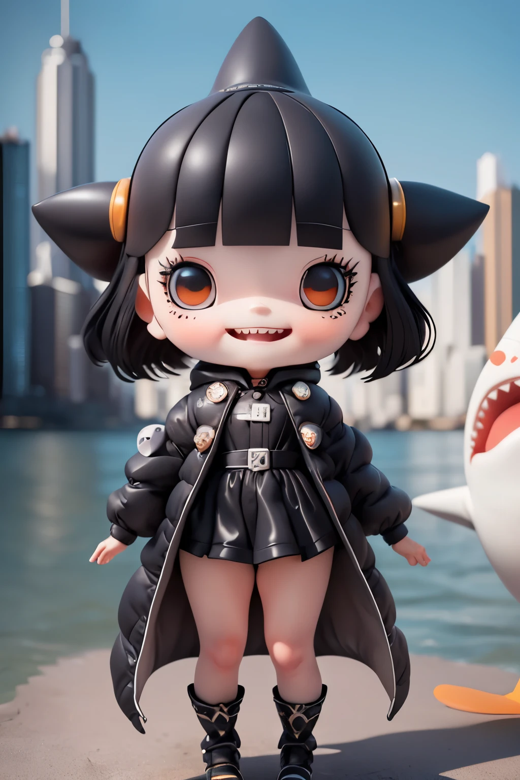 (masterpiece), (Extreme), (Very detailed),(body:1.9),One girl, sunlight, cute, Shark costume, (Big Head:1.8), doll, smile, Open your mouth, city, fashion, coat, blush, wood, shirt, short hair, gray, Black headdress, Blurred, Long sleeve, bangs, Black Hair, (Beautiful and elaborate face), (Beautiful and detailed),