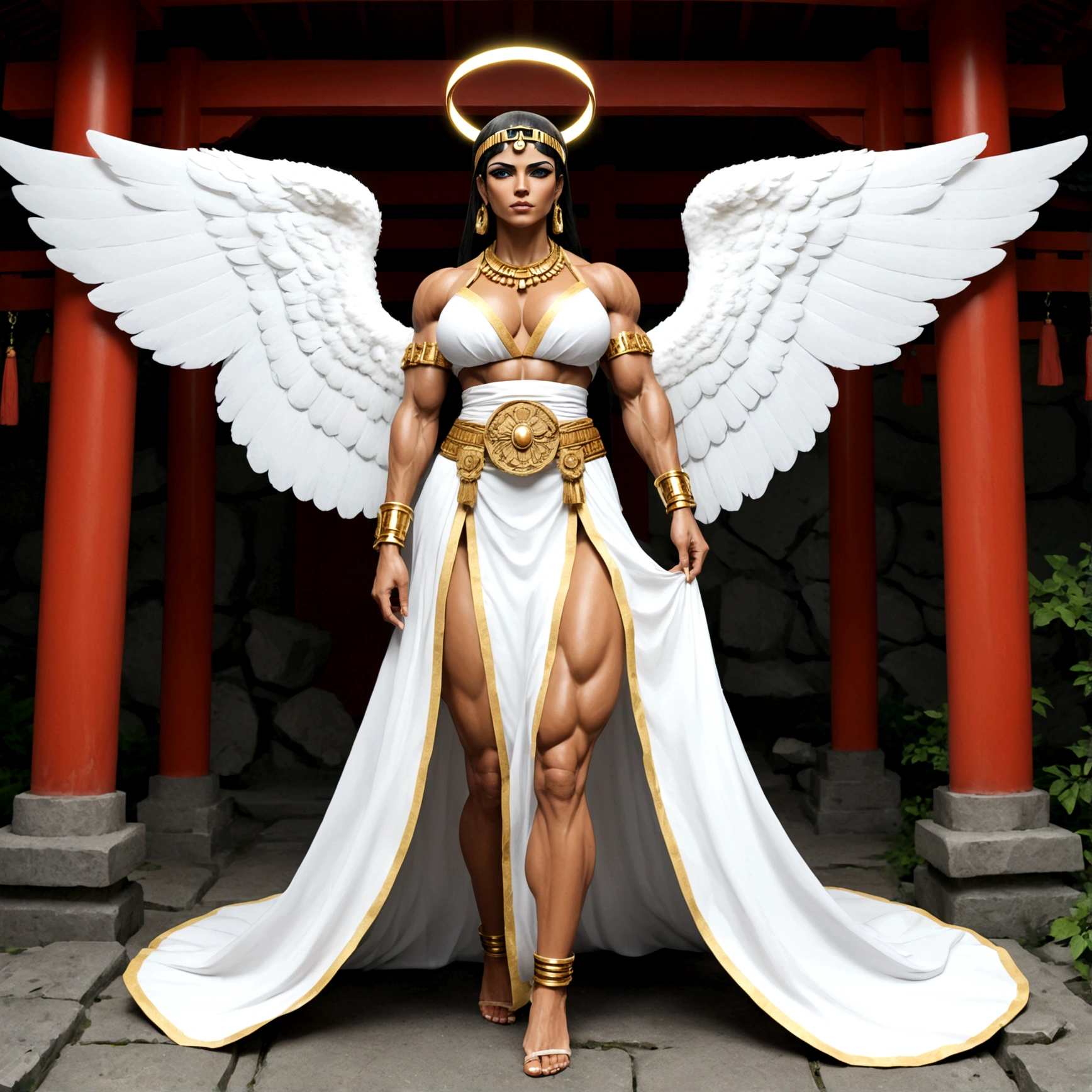 Angel girl, big white wings, halo, nude, gigantic breasts, cleopatra ponytail hair, extreme muscular body, full body.