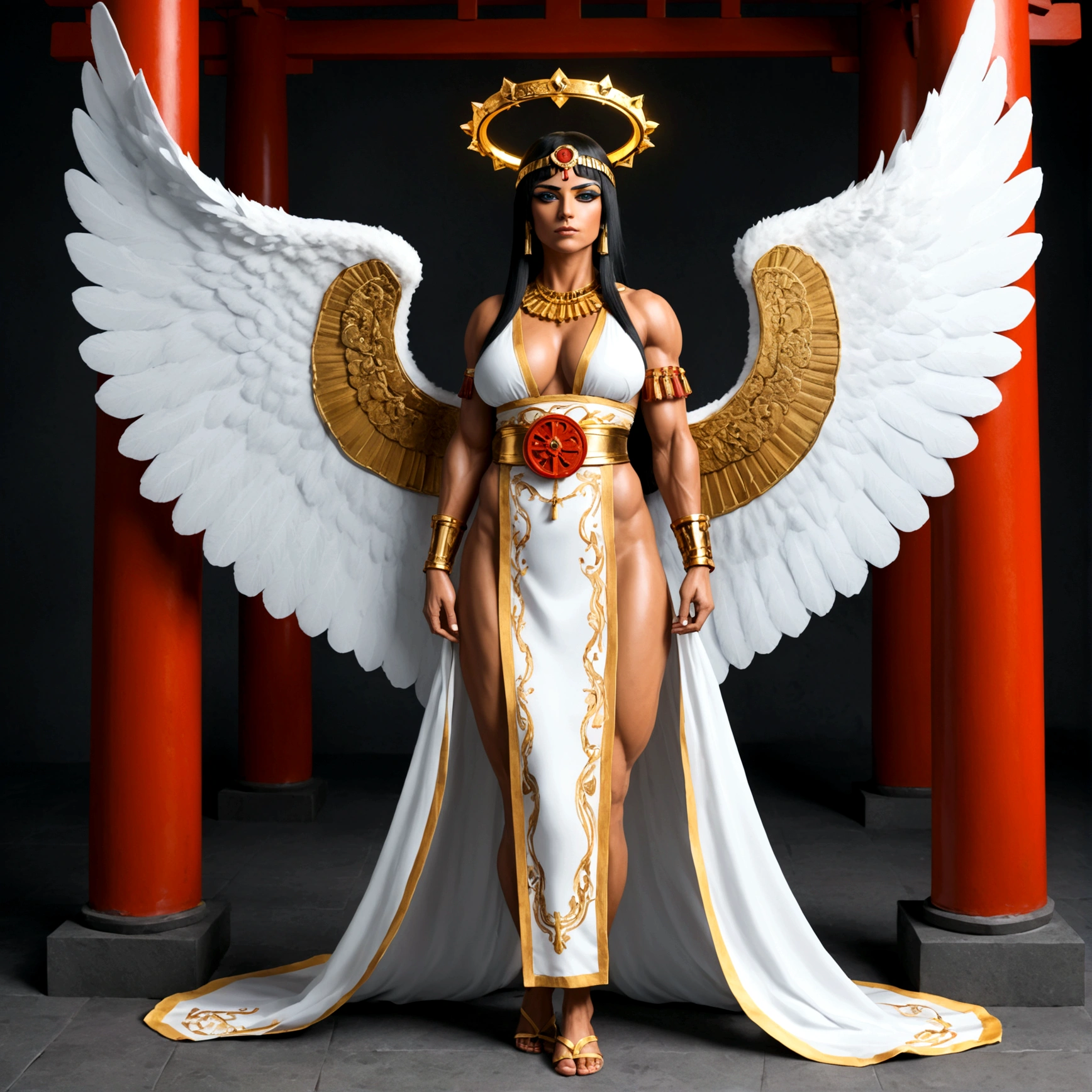 Angel girl, big white wings, halo, shrine maiden outfit, cleopatra ponytail hair, extreme muscular body, full body.