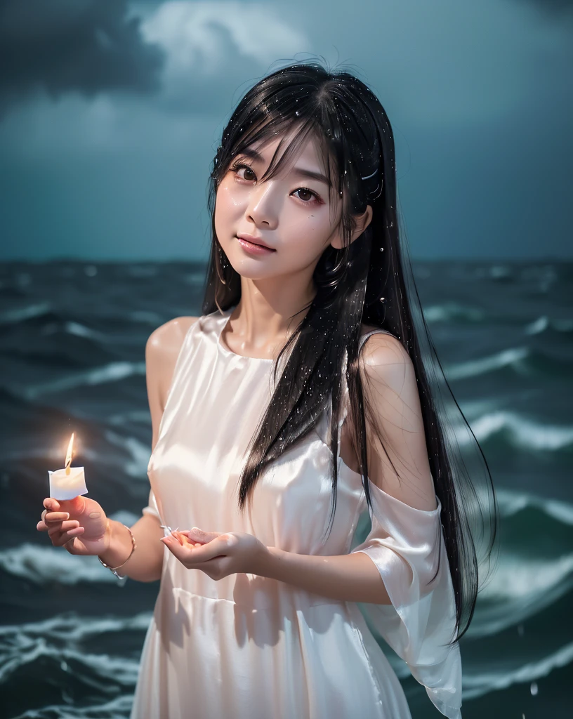 (Highest quality, 32k, High resolution, Masterpiece:1.5, ), marimo_jet, god々A photograph with brilliant dazzling and healing power., Representing the end of despair and the beginning of hope, Expressing emotions, Have a rich imagination, ((夜の嵐で荒れる海原に立つgod々Shii Girl:1.4)), The deep kindness of women begins to shine in the darkness., Beautiful Japanese Girls, ((whole body:1.6)), An exceptionally beautiful face, Small Face Beauty, Perfect Human Anatomy, Motherhood and generosity, Deep Love, fleeting smile, Shiny black hair, ((Beautiful, wind-blown, super long, straight silk hair:1.3)), Asymmetrical bangs, Hair between the eyes, Transparent, soft white skin, Sharp eyebrows, Thin lashes, Natural Makeup, Cheek highlighter, Pale pink detailed lips, ((White dress:1.3)), ((Holding a small lit candle carefully in both hands:1.3)), ((Rough sea at night:1.5)), ((Dark night background with black clouds and heavy rain:1.4)), Professional Photographer, Professional Lighting, Professional model waiting to start