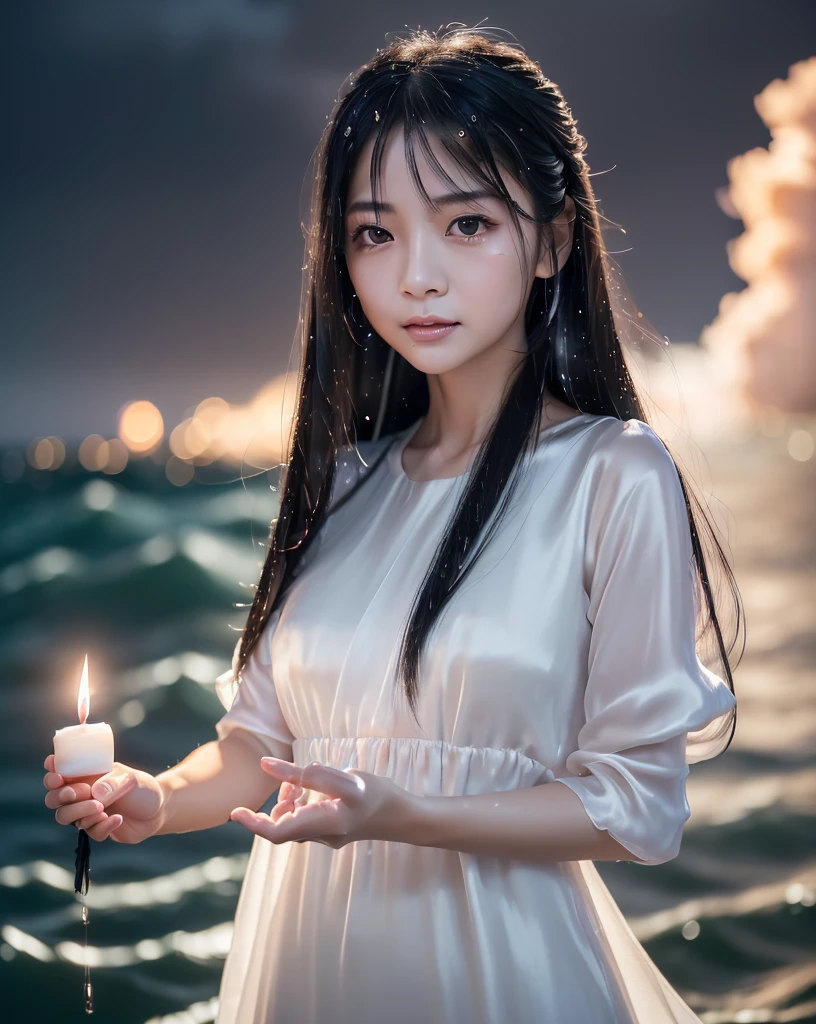 (Highest quality, 32k, High resolution, Masterpiece:1.5, ), marimo_jet, god々A photograph with brilliant dazzling and healing power., Representing the end of despair and the beginning of hope, Expressing emotions, Have a rich imagination, ((夜の嵐で荒れる海原に立つgod々Shii Girl:1.4)), The deep kindness of women begins to shine in the darkness., Beautiful Japanese Girls, ((whole body:1.6)), An exceptionally beautiful face, Small Face Beauty, Perfect Human Anatomy, Motherhood and generosity, Deep Love, fleeting smile, Shiny black hair, ((Beautiful, wind-blown, super long, straight silk hair:1.3)), Asymmetrical bangs, Hair between the eyes, Transparent, soft white skin, Sharp eyebrows, Thin lashes, Natural Makeup, Cheek highlighter, Pale pink detailed lips, ((White dress:1.3)), ((Holding a small lit candle carefully in both hands:1.3)), ((Rough sea at night:1.5)), ((Dark night background with black clouds and heavy rain:1.4)), Professional Photographer, Professional Lighting, Professional model waiting to start
