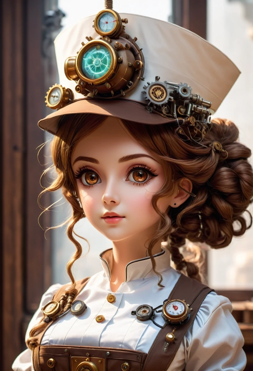 mechanism:Humanoid:nurse:16th century European nurse uniform:whole body,doll face:perfect face:Big brown eyes,eyelash,hide the wires in your hair,she is made of machine,steampunk elements,mechanical engineering,mechanically,mechanical,POP,cute,intricate details,Very fine,High resolution,high quality,最high quality,Clearly,Be clear,beautiful light and shadow,three-dimensional,adorable look,complex configuration,mechanism,dynamic,busy,work hard,A look that makes you want to support,medical equipment,shelf with medical supplies,medicine vial,show evidence that it is a machine,light from window