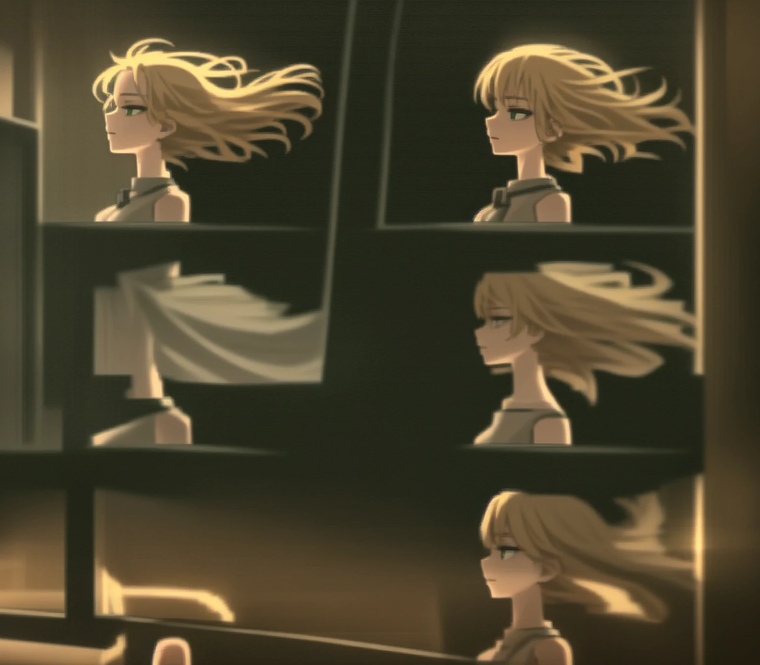 masterpiece, best quality, 1girl, ((young girl)), shiny skin, ((small size)), hot, soft natural lighting, reflections, bright illuminations, head focus, ((sexy blond hair)), big long blond hair,sexy, slim figure, Detailed green eyes, Detailed face, Detailed eyes,  the anime girl is wind, wind hair, wind sequence, head dynamic poses, dynamic pose realistic, various pose, dynamic poses, realistic human movement