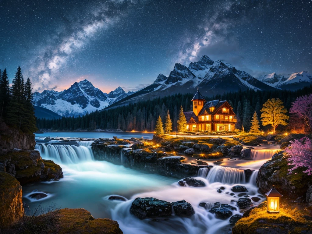 highest quality, masterpiece, Beautiful wild and nature fantasy landscape with sparkling lights