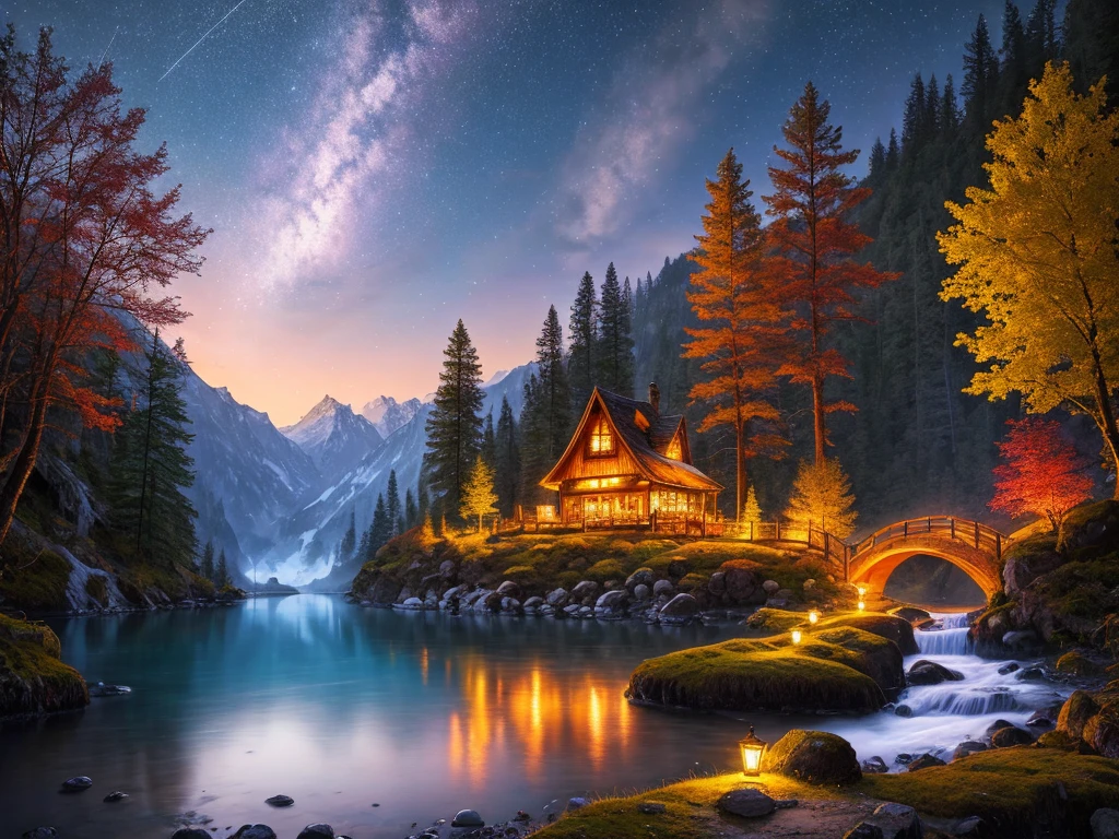 highest quality, masterpiece, Beautiful wild and nature fantasy landscape with sparkling lights