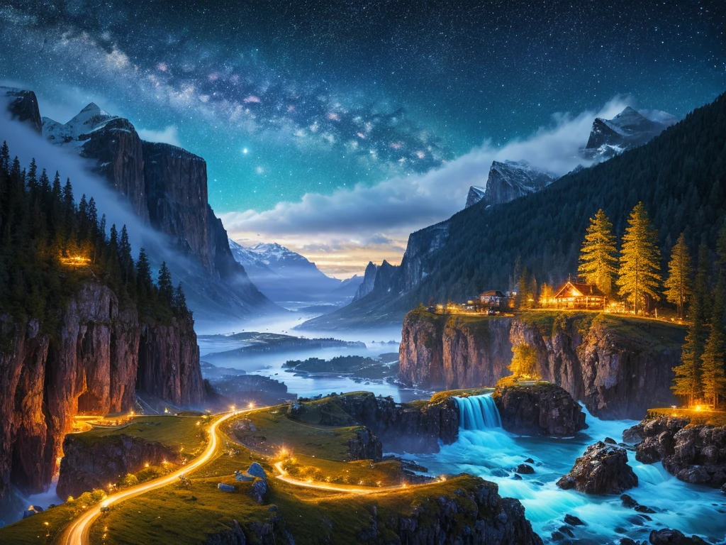 highest quality, masterpiece, Beautiful wild and nature fantasy landscape with sparkling lights