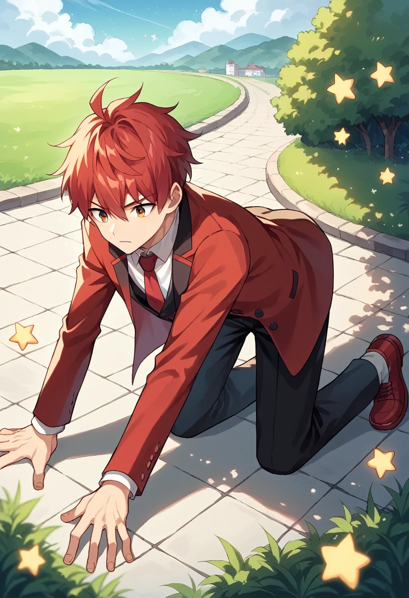 score_9, score_8_wonderful, score_7_wonderful, sauce_anime , STAR,Kirito, Male Focus,Red hair,Part 1:  , Red Blazer, Black trousers, Outdoor,Red tie，Get on all fours and place your hands on the floor,Yin system