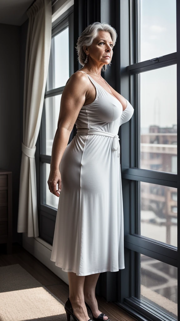 RAW photography, shadows, cinematic lighting, realistic reflections, and highly detailed, fat woman, 60 years old next to a window, wide hips, beautiful, angry, giant breasts, short white summer dress, standing