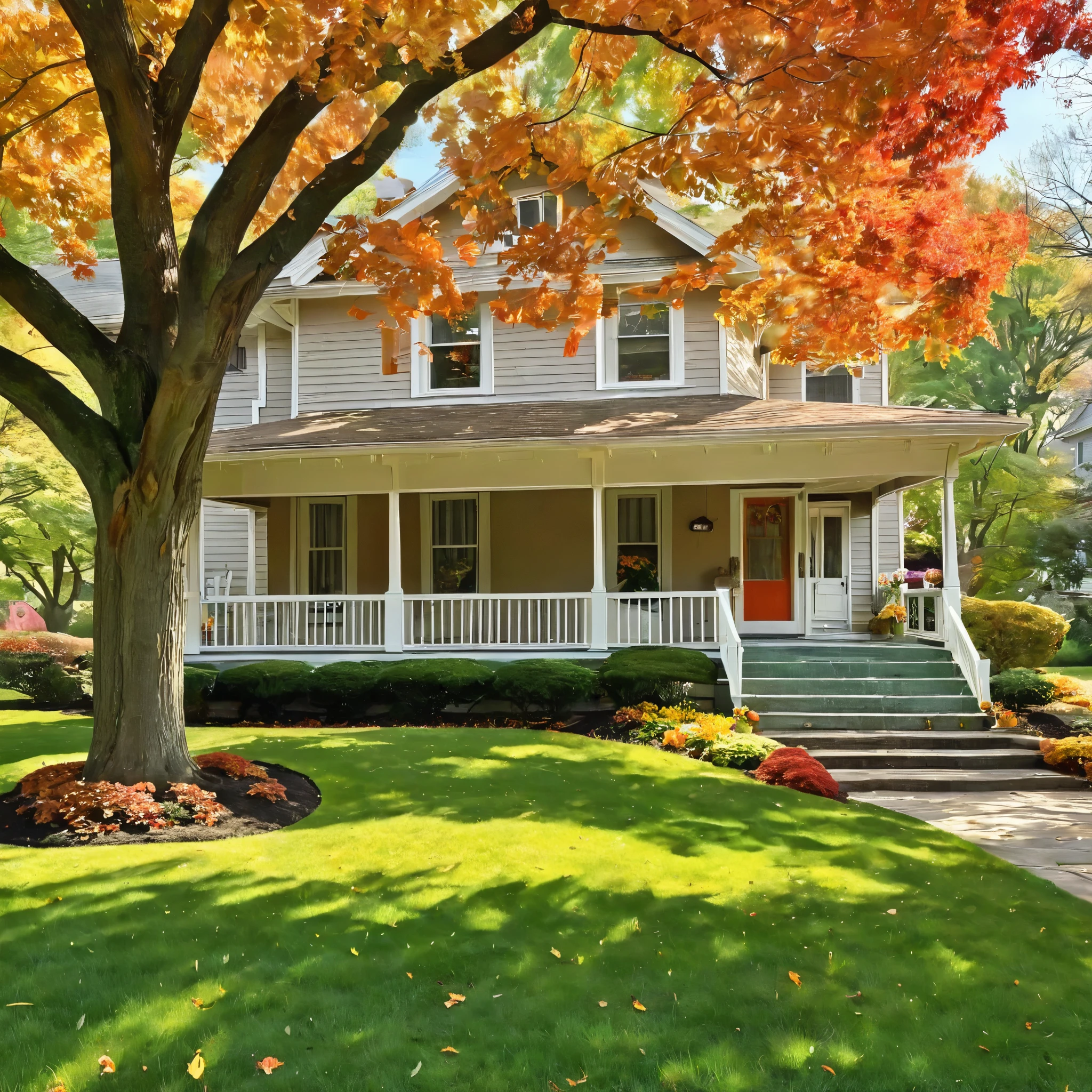 Generate a nostalgic AI image of a classic 1950s multi-story home with a wrap-around porch. The scene should evoke a sense of tranquility and nostalgia. It's a bright mid-day in autumn, with a perfectly manicured front lawn adorned with colorful flowers. A majestic maple tree, its leaves turned shades of orange and red, stands tall in the front yard, casting dappled shadows on the green grass.