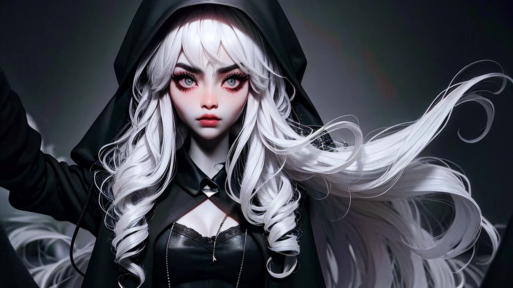((best quality)), ((masterpiece)), (detailed), 1girl, solo, beautiful, gothic, witch, gloomy, Asian woman, mature, black clothing, hooded black robe, modest clothing, hood up, goddess of death, blank expression, stoic expression, serious expression, split dye hair, multicolored hair, black and white hair, black dye on right side, white hair on left side, messy hair, bangs, black eyebrows, thick eyebrows, long eyelashes, grey eyes, dark circles under eyes, plump lips, red lipstick, red lips, no skin showing, skinny, pale skin, thin, sickly looking, looking at viewer, holding scythe, in graveyard, Wylona Hayashi, all black clothing, black hood, full body shot, cemetery background, standing, standing in a cemetery, holding scythe, windy, wind blowing, black long sleeves, black witch clothing, black religious clothing