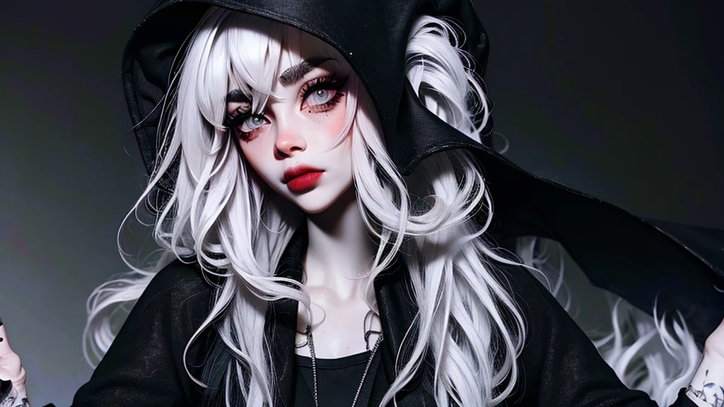 ((best quality)), ((masterpiece)), (detailed), 1girl, solo, beautiful, gothic, witch, gloomy, Asian woman, mature, black clothing, hooded black robe, modest clothing, hood up, goddess of death, blank expression, stoic expression, serious expression, split dye hair, multicolored hair, black and white hair, black dye on right side, white hair on left side, messy hair, bangs, black eyebrows, thick eyebrows, long eyelashes, grey eyes, dark circles under eyes, plump lips, red lipstick, red lips, no skin showing, skinny, pale skin, thin, sickly looking, looking at viewer, holding scythe, in graveyard, Wylona Hayashi, all black clothing, black hood, full body shot, cemetery background, standing, standing in a cemetery, holding scythe, windy, wind blowing, black long sleeves, black witch clothing, black religious clothing
