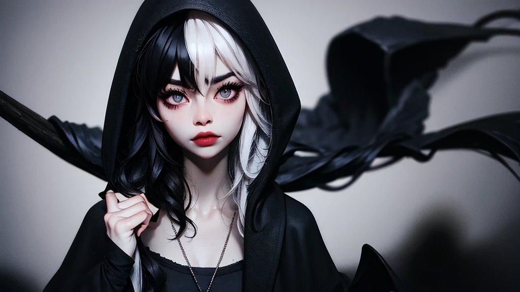 ((best quality)), ((masterpiece)), (detailed), 1girl, solo, beautiful, gothic, witch, gloomy, Asian woman, mature, black clothing, hooded black robe, modest clothing, hood up, goddess of death, blank expression, stoic expression, serious expression, split dye hair, multicolored hair, black and white hair, black dye on right side, white hair on left side, messy hair, bangs, black eyebrows, thick eyebrows, long eyelashes, grey eyes, dark circles under eyes, plump lips, red lipstick, red lips, no skin showing, skinny, pale skin, thin, sickly looking, looking at viewer, holding scythe, in graveyard, Wylona Hayashi, all black clothing, black hood, full body shot, cemetery background, standing, standing in a cemetery, holding scythe, windy, wind blowing, black long sleeves, black witch clothing, black religious clothing