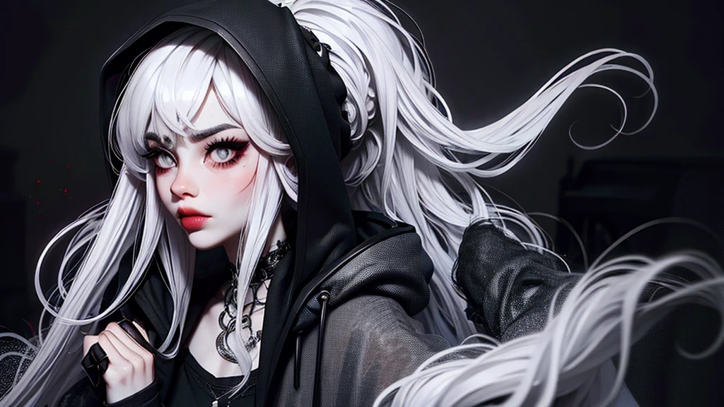 ((best quality)), ((masterpiece)), (detailed), 1girl, solo, beautiful, gothic, witch, gloomy, Asian woman, mature, black clothing, hooded black robe, modest clothing, hood up, goddess of death, blank expression, stoic expression, serious expression, split dye hair, multicolored hair, black and white hair, black dye on right side, white hair on left side, messy hair, bangs, black eyebrows, thick eyebrows, long eyelashes, grey eyes, dark circles under eyes, plump lips, red lipstick, red lips, no skin showing, skinny, pale skin, thin, sickly looking, looking at viewer, holding scythe, in graveyard, Wylona Hayashi, all black clothing, black hood, full body shot, cemetery background, standing, standing in a cemetery, holding scythe, windy, wind blowing, black long sleeves, black witch clothing, black religious clothing