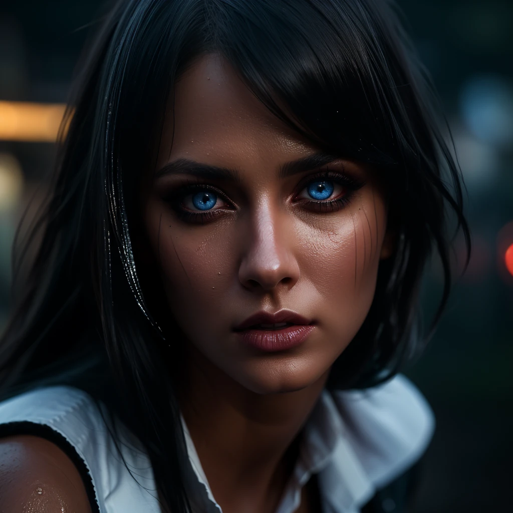 ((full body)), (((posing, sexy pose, alluring pose 1.1))), (Best Quality,High Definition:1.2),Ultra detailed,realistic,Portrait, beautiful girl with gorgeous glowing blue eyes, gothic makeup, large breasts, ((covered nipples)), no underwear, revealing clothes, ((white button-down shirt)), (((black miniskirt))), ((luscious thighs)), in the rain, ((wet clothes )), night street, (best quality, 4k,8k, high resolution, masterpiece: 1.2), ultra detail, (realistic, photorealistic, photorealistic: 1.37), extremely detailed eyes and face, beautiful detailed eyes, beautiful detailed lips, long eyelashes , dramatic lighting, cinematic lighting, moody atmosphere, darkness and grit, dramatic contrast, rich colors, neon lights, rain effects. (Perfect details:1.1), (beautiful and clear background:1.2), (Extremely detailed CG, Ultra detailed, best shadow:1.1), (perfectly detailed beautiful eyes), , close-up, cinematic lighting, vibrant colors, photorealistic, concept art style, high quality, 8K, HDR, physical rendering, extreme detail, blur, depth of field, blurred foreground,