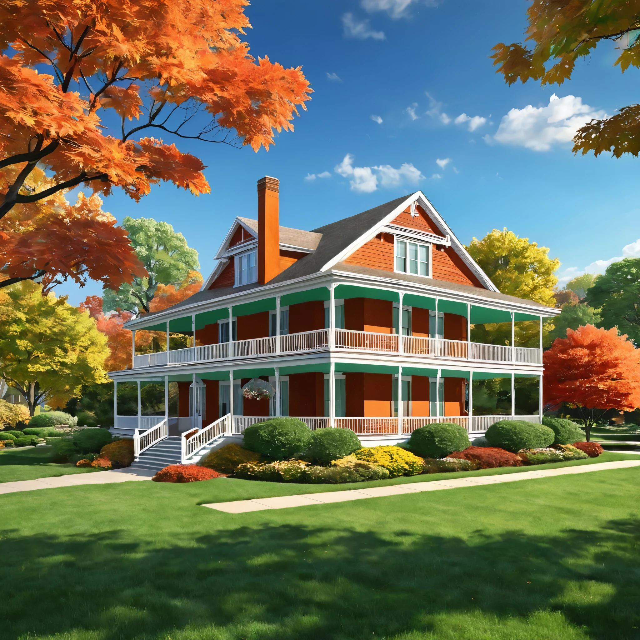 Generate a nostalgic AI image of a classic 1950s multi-story home with a wrap-around porch. The scene should evoke a sense of tranquility and nostalgia. It's a bright mid-day in autumn, with a perfectly manicured front lawn adorned with colorful flowers. A majestic maple tree, its leaves turned shades of orange and red, stands tall in the front yard, casting dappled shadows on the green grass.