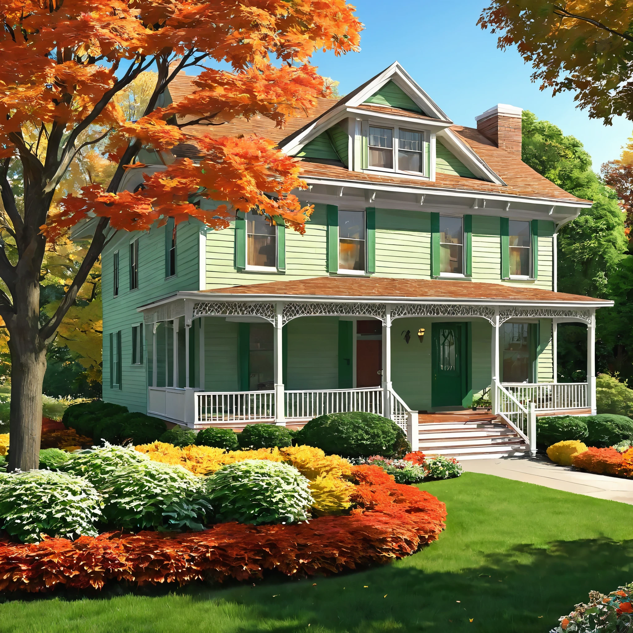 Generate a nostalgic AI image of a classic 1950s multi-story home with a wrap-around porch. The scene should evoke a sense of tranquility and nostalgia. It's a bright mid-day in autumn, with a perfectly manicured front lawn adorned with colorful flowers. A majestic maple tree, its leaves turned shades of orange and red, stands tall in the front yard, casting dappled shadows on the green grass.