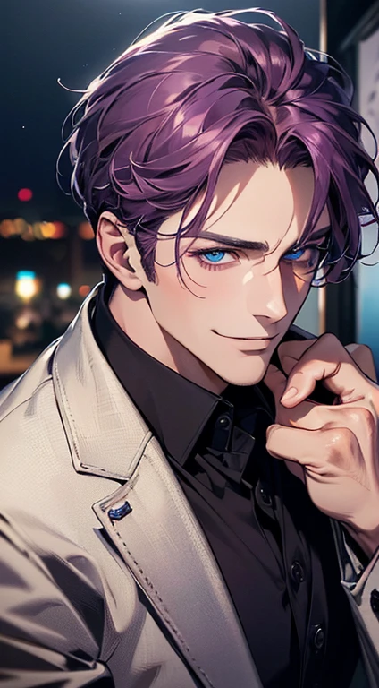 (best quality, masterpiece, 8K, photorealistic, cinematic lighting, 1:4 hdr image, ultra detailed, beautiful image), a mature man, 35 years very handsome, ((cold expression smile in love)), short purple hair, blue eyes, face perfect without mistakes, ((buttoning his jacket, CEO)), smile.