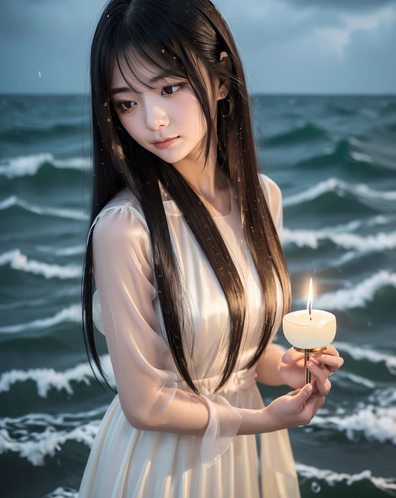(Highest quality, 32k, High resolution, Masterpiece:1.5, ), marimo_jet, god々A photograph with brilliant dazzling and healing power., Representing the end of despair and the beginning of hope, Expressing emotions, Have a rich imagination, ((夜の嵐で荒れる海原に立つgod々Shii Girl:1.4)), The deep kindness of women begins to shine in the darkness., Beautiful Japanese Girls, ((whole body:1.6)), An exceptionally beautiful face, Small Face Beauty, Perfect Human Anatomy, Close your eyes as if praying, Motherhood and generosity, Deep Love, fleeting smile, Shiny black hair, ((Beautiful, wind-blown, super long, straight silk hair:1.3)), Asymmetrical bangs, Hair between the eyes, Transparent, soft white skin, Sharp eyebrows, Thin lashes, Natural Makeup, Cheek highlighter, Pale pink detailed lips, ((White dress:1.3)), ((Holding a small lit candle carefully in both hands:1.3)), ((Rough sea at night:1.5)), ((Dark night background with black clouds and heavy rain:1.4)), Professional Photographer, Professional Lighting, Professional model waiting to start