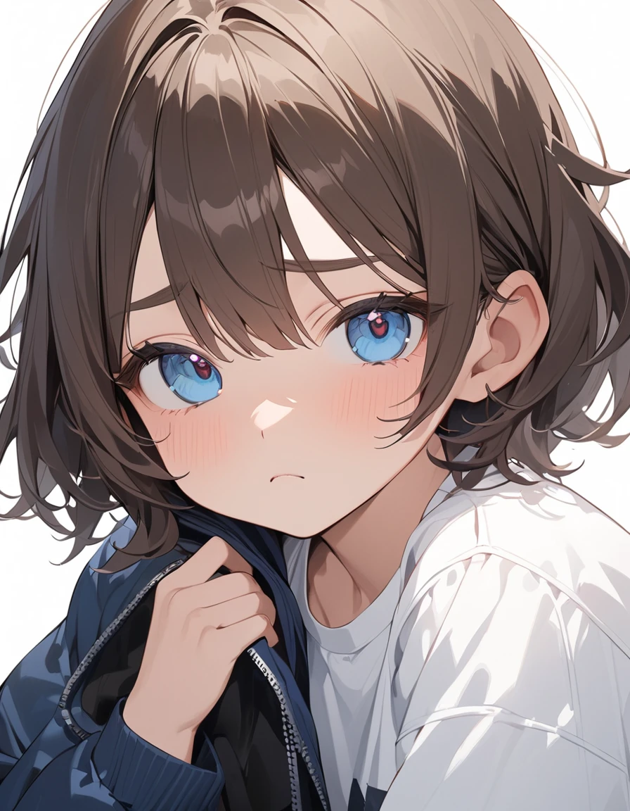 1girl, {masterpiece,best quality,ultra-detailed,beautiful detailed eyes}, {dark brown hair, chestnut hair, short hair, (short twin tail:1.2), (low twin tail:1.2)}, {Gradient eyes from black to blue, round eyes, cute eyes}, cute girl, 17 years old,(white t-shirt, dark blue windbreaker}, frown,, {simple background,white background}
