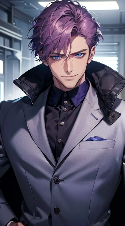(best quality, masterpiece, 8K, photorealistic, cinematic lighting, 1:4 hdr image, ultra detailed, beautiful image), a mature man, 35 years very handsome, ((cold expression smile in love)), short  purple hair, blue eyes, face perfect without mistakes, ((buttoning his jacket, CEO)), smile.