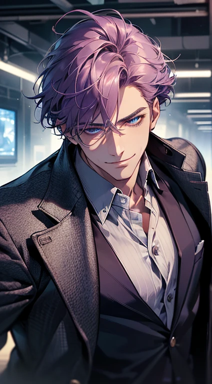 (best quality, masterpiece, 8K, photorealistic, cinematic lighting, 1:4 hdr image, ultra detailed, beautiful image), a mature man, 35 years very handsome, ((cold expression smile in love)), short purple hair, blue eyes, face perfect without mistakes, ((buttoning his jacket, CEO)), smile.
