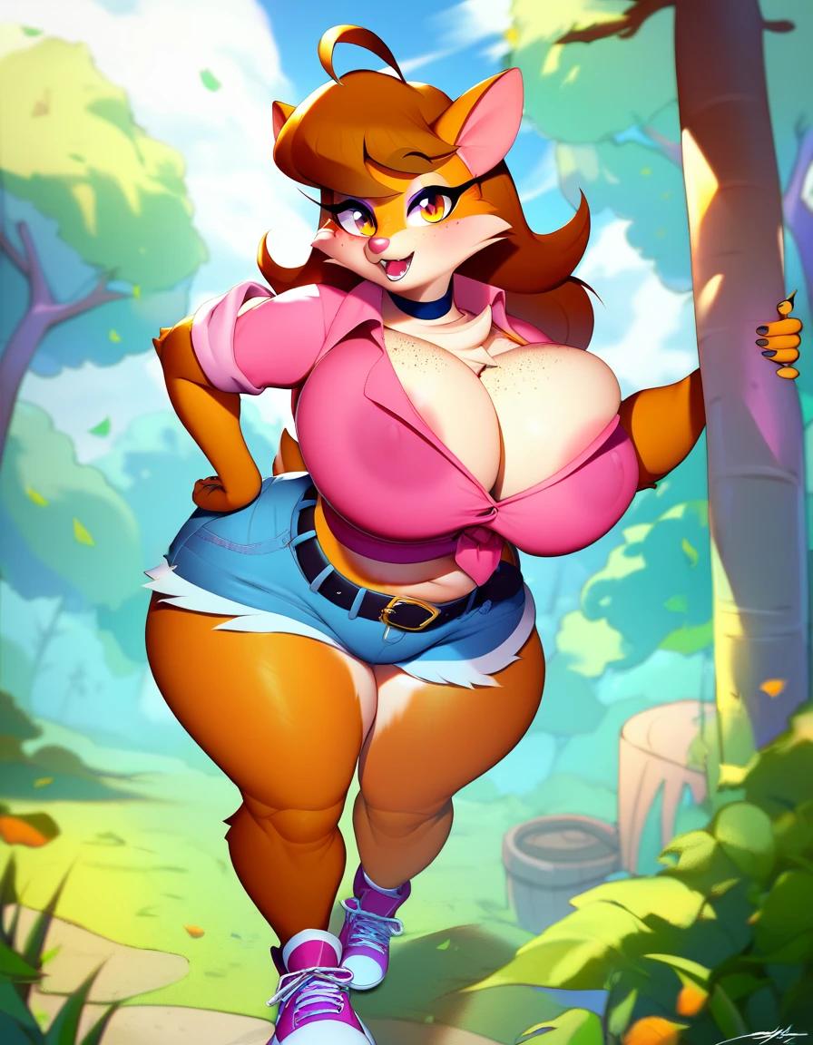 (Masterpiece: 1.2), exquisite and detailed, 4k: 1.2, 8k: 1.2, high resolution: 1.2, furry kemono commission style, anteater, anime, standing, big breasts, brown fur, orange eyes, pink nose, freckles, denim shorts, black belt, sneakers The anteater therianthrope stands alone. Her fur is a rich brown hue, with freckles scattering. She wears denim shorts that hug her curvy figure and a black belt to keep them in place. The soles of her sneakers are worn from countless adventures in the forest. Her big breasts sway gently as she moves, hidden beneath a simple pink tank
