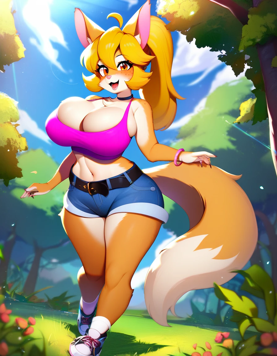 (Masterpiece: 1.2), exquisite and detailed, 4k: 1.2, 8k: 1.2, high resolution: 1.2, furry kemono commission style, anteater, anime, standing, big breasts, brown fur, orange eyes, pink nose, freckles, denim shorts, black belt, sneakers The anteater therianthrope stands alone. Her fur is a rich brown hue, with freckles scattering. She wears denim shorts that hug her curvy figure and a black belt to keep them in place. The soles of her sneakers are worn from countless adventures in the forest. Her big breasts sway gently as she moves, hidden beneath a simple pink tank