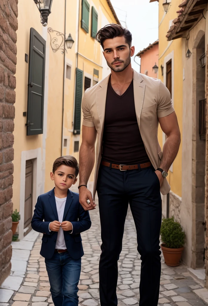  perfect italian man, short hairstyles light hairin an Italian village focus on character's face