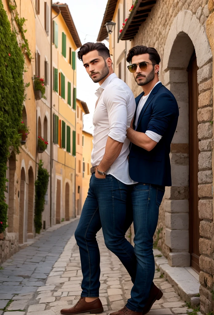 perfect italian man, short hairstyles light hairin an Italian village focus on character's face