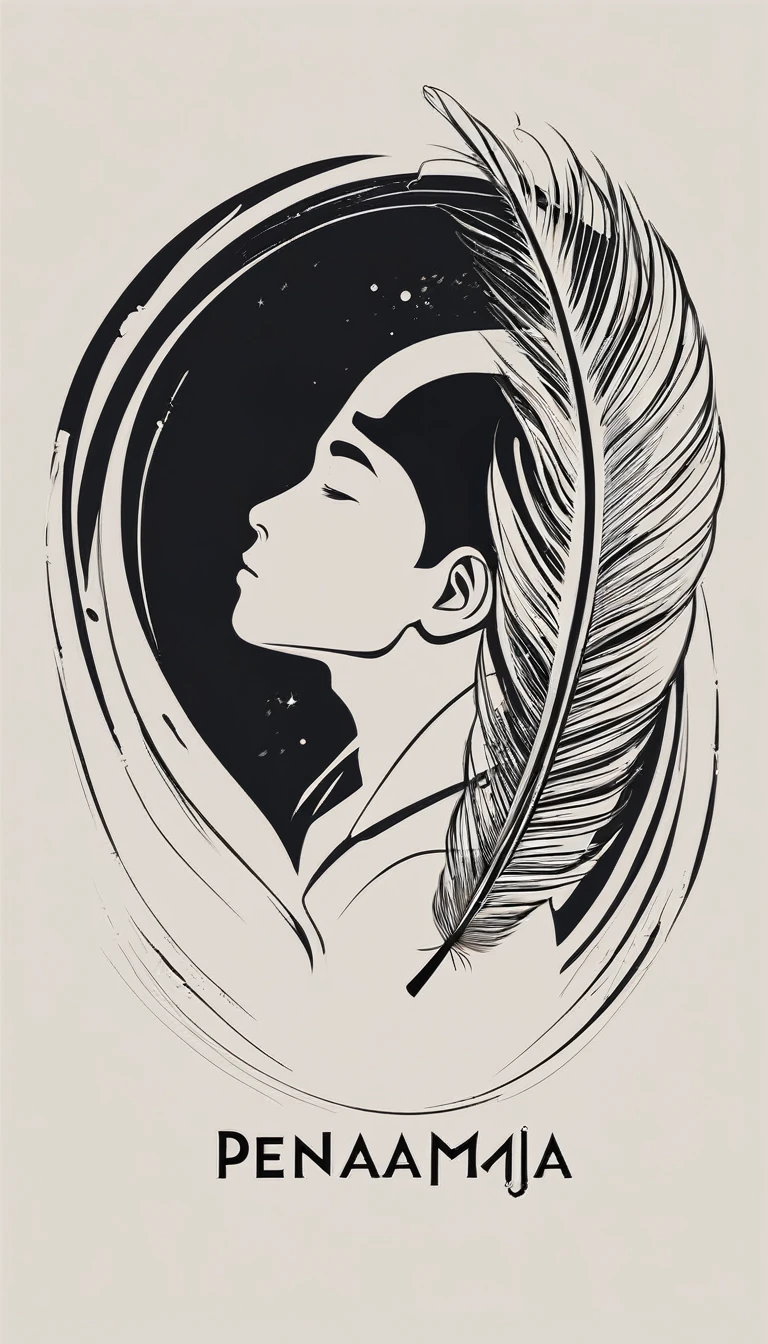 Create a minimal, modern, simple, inspirational, memorable, dream like logo design of a boy and a feather for the brand “Penamemoria".