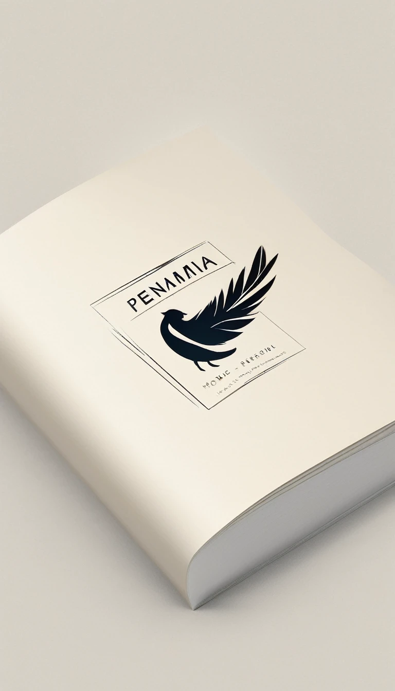 A minimal, modern, simple, cinematic logotype for the brand “Penamemoria". The logotype must be a simple, magical feather and a boy playing acoustic guitar. The logo must convey a sense of music, stories and dreams. Logo design impressed on a book cover. Minimalistic logo