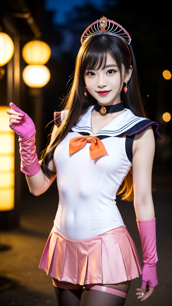 best quality、ultra-detailed、8K、Japanese、Japanese、Seductive beauty、seductive adult woman、Pretty Woman、cool girl、smirk、Wicked Smile、masterpiece、best quality、highres、1girl、独奏、slender、looking at viewer、standing、sv1、1, sailor senshi uniform, Orange skirt, pleated skirt, Miniskirt, orange sailor collar, elbow gloves, black gloves, tiara, hair bow, red bow, choker, orange choker, white leotard, blonde hair, very long hair, jewelry, earrings, (incoming gift, box:1.2), grin, blush,
classroom, blonde hair,young, beautiful Japanese actress wearing villainous costume inspired by female demon. costume is glossy bodysuit with pink and purple color scheme. Her headpiece and makeup are uniquely themed around lipstick and cosmetic bottles, with headpiece. Her makeup features villainous-style, with bold lipstick and dramatic eyeshadow. She is smiling enticingly, capturing essence of charismatic but dangerous character, action battle pose. at night, outdoor, town、Brown hair、wavy hair、swept bangs、piercing eyes、skin color pantyhose、night、inside darkroom、hand hold pantyhose、Are standing、shoot from below、Offer、shoot from below、Swear allegiance、I have pledged my allegiance、