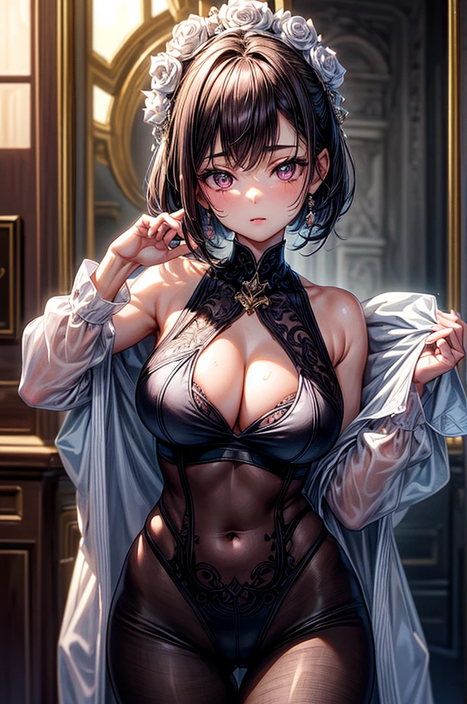 ((highest quality)),(ultra high resolution),(Super detailed),(detailed description),((best CG)),(best work of art),super precision art, great drawing art,(Art with precise details:1.5), (ung girl:1.5), beautiful and well-shaped face:1.5,(Beautiful skin with precise and detailed depiction:1.6),(sleeveless halter neck sports bra, elastic waist band shorts ),gorgeous, masterpiece, best quality, high-resolution, finely detailed, extremely detailed and beautiful, distinct-image, 1 girl, 16 y teenager, solo, sharp facial features, oval shaped face. cherry pink lips, lightly tanned white skin. velvet-colored eyes, C-cup breasts, tall height(175cm), slim yet chiseled body type, short shoulder length dark violet-black hair, small narrow waist, long and slender legs, curvy wide hips, elegant gothic courtyard setting