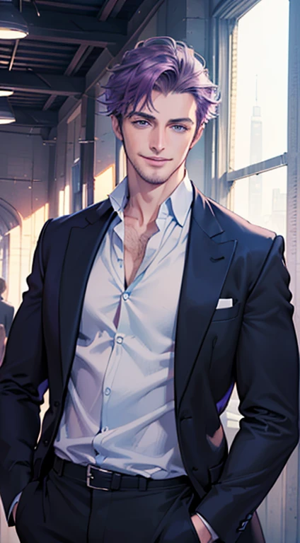 (best quality, masterpiece, 8K, photorealistic, cinematic lighting, 1:4 hdr image, ultra detailed, beautiful image), a mature man, 35 years very handsome, ((cold expression smile in love)), short purple hair, blue eyes, face perfect without mistakes, ((buttoning his jacket, CEO)), smile.