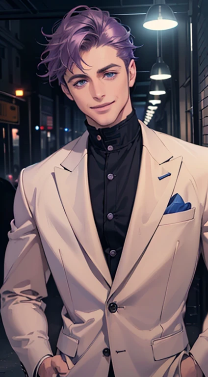 (best quality, masterpiece, 8K, photorealistic, cinematic lighting, 1:4 hdr image, ultra detailed, beautiful image), a mature man, 35 years very handsome, ((cold expression smile in love)), short purple hair, blue eyes, face perfect without mistakes, ((buttoning his jacket, CEO)), smile.