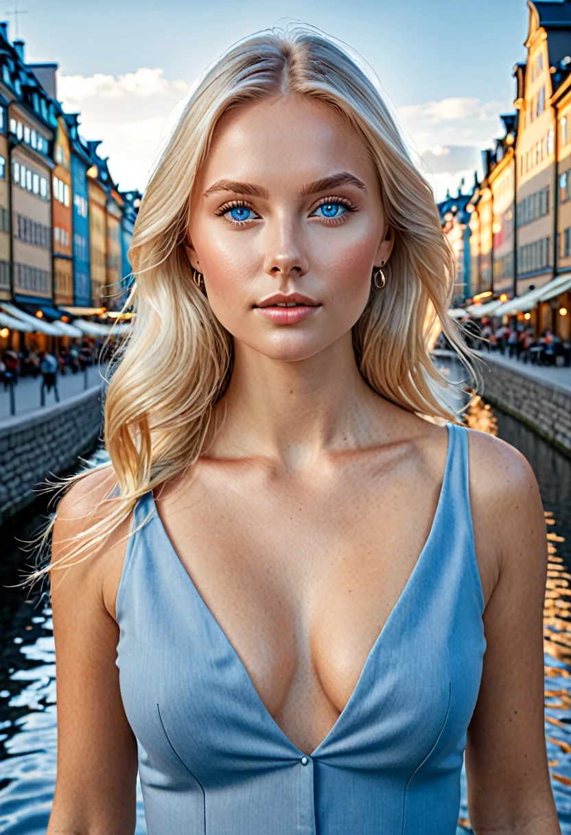 (best quality, ultra-detailed, 8K, high detail), Swedish girl, perfect female, hourglass body shape, blonde, blue eyes, Nordic, charming, innocent, alluring, seductive, Stockholm, 